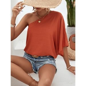 minimalist boho One Shoulder Batwing Sleeve Blouse rust orange